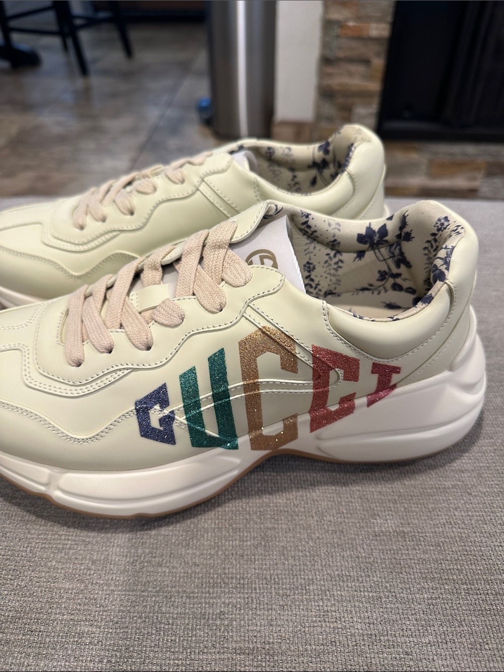 Cream Leather Sneakers with Blue Floral Lining size 40